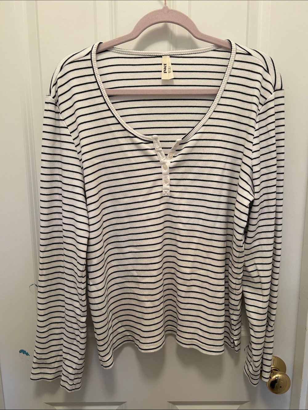 Pact White and Black Striped Long-Sleeve Henley